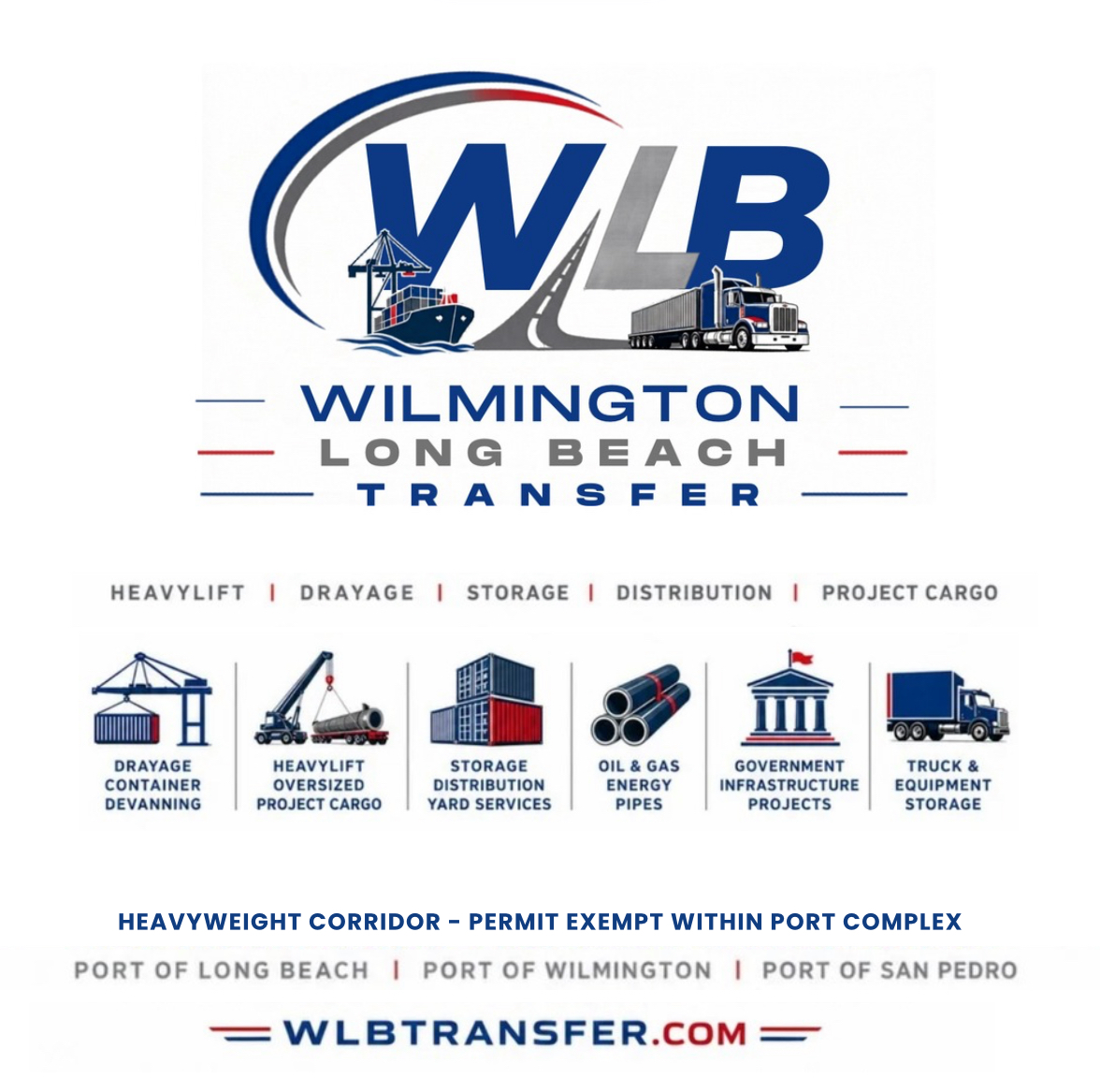 WLB Transfer capabilities flyer — Heavylift, Drayage, Storage, Distribution, Project Cargo